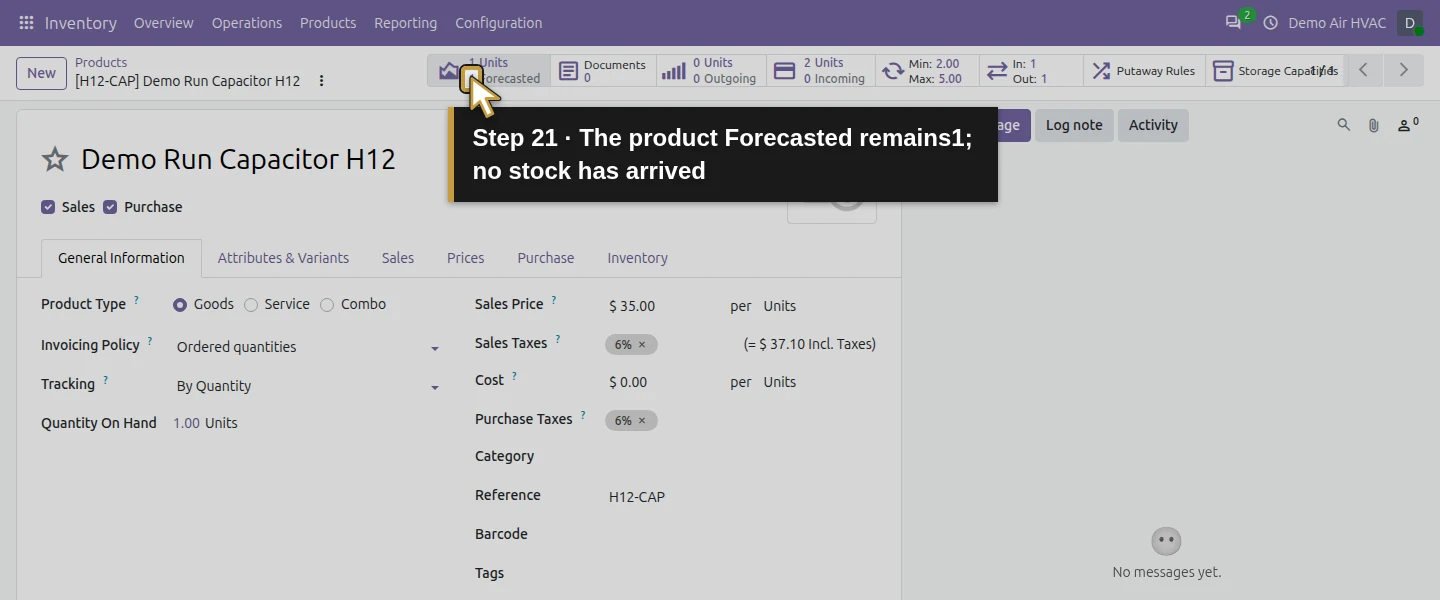 Action 21: The product Forecasted remains1; no stock has arrived. The actual target is highlighted in gold.