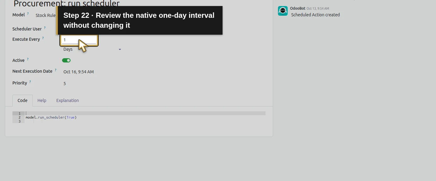 Action 22: Review the native one-day interval without changing it. The actual target is highlighted in gold.