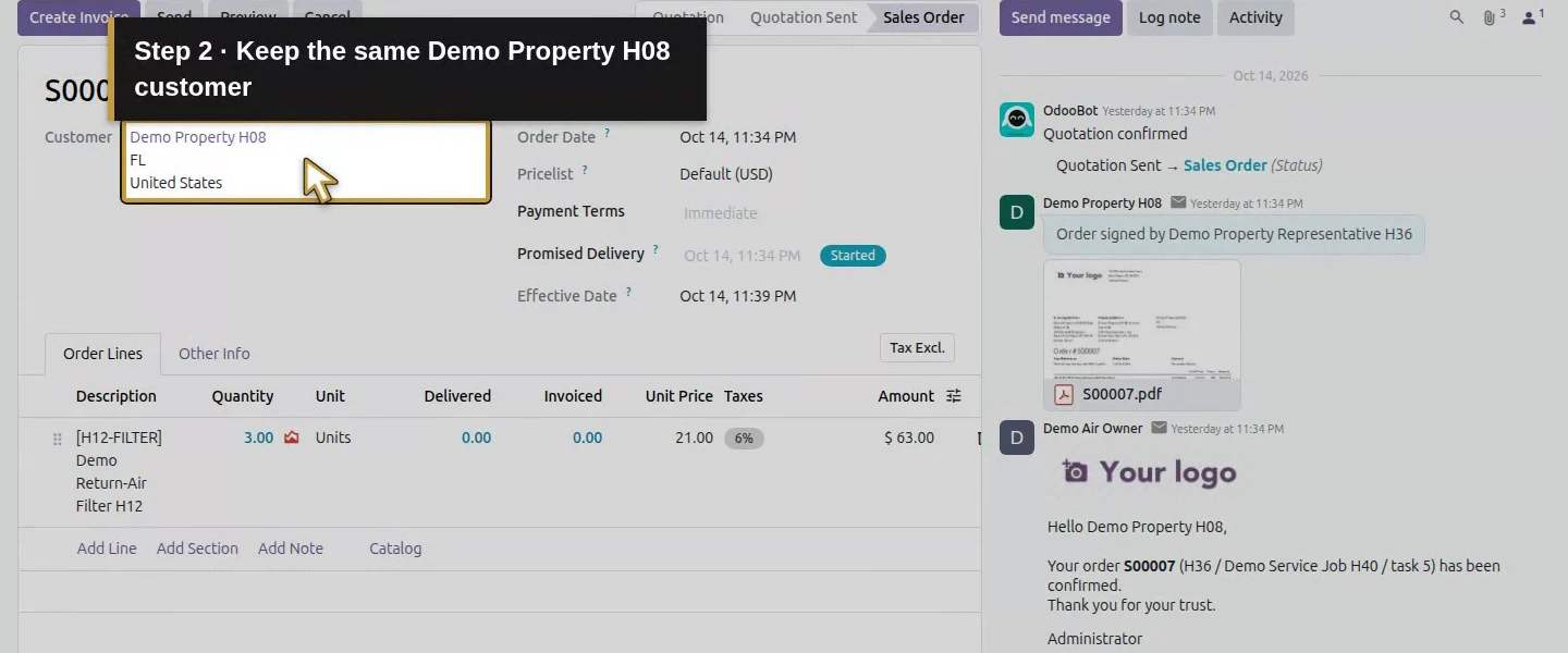 Action 2: Keep the same Demo Property H08 customer. The actual target is highlighted in gold.