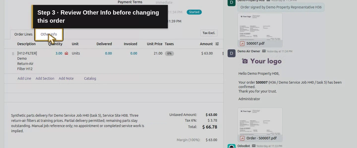 Action 3: Review Other Info before changing this order. The actual target is highlighted in gold.
