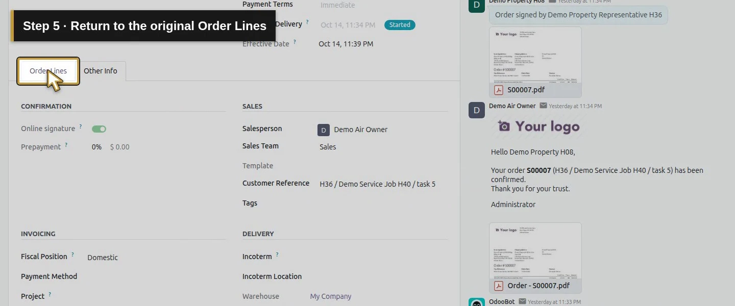 Action 5: Return to the original Order Lines. The actual target is highlighted in gold.