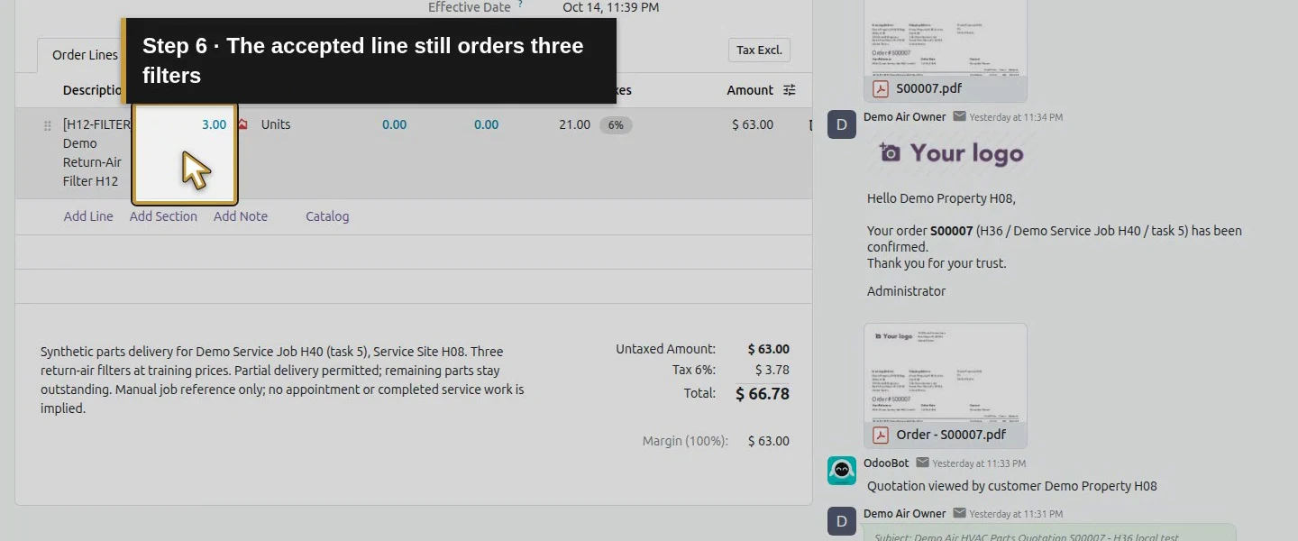 Action 6: The accepted line still orders three filters. The actual target is highlighted in gold.