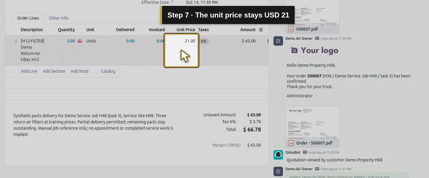 Action 7: The unit price stays USD 21. The actual target is highlighted in gold.