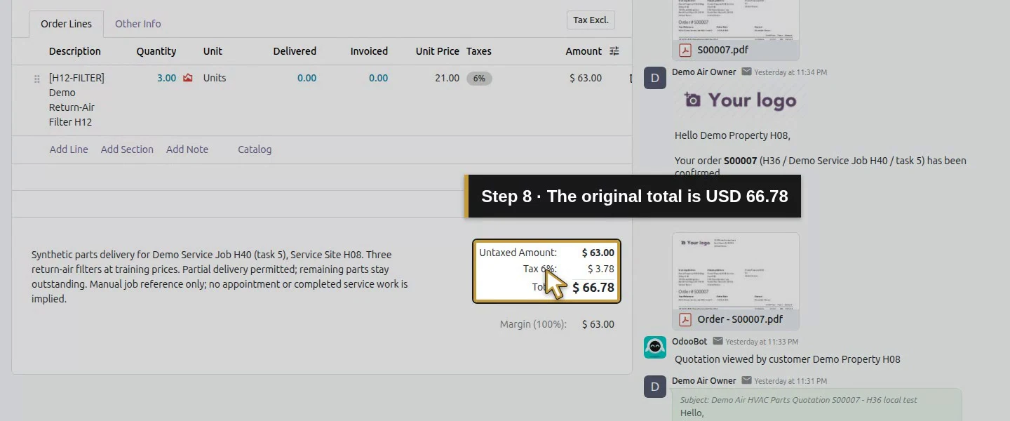 Action 8: The original total is USD 66.78. The actual target is highlighted in gold.