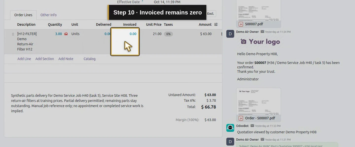 Action 10: Invoiced remains zero. The actual target is highlighted in gold.
