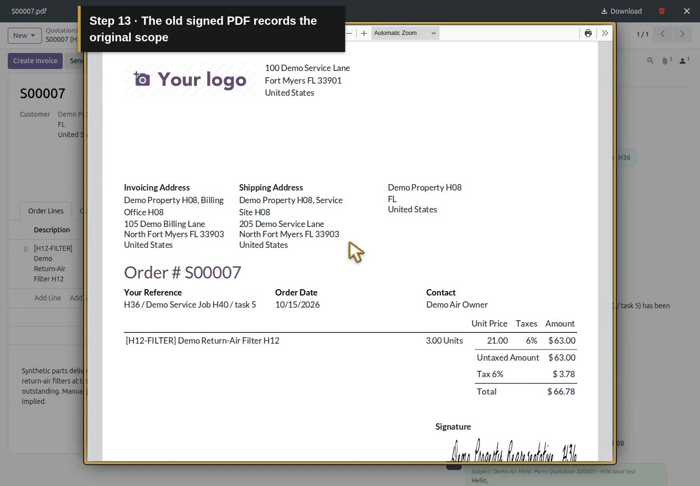 Action 13: The old signed PDF records the original scope. The actual target is highlighted in gold.
