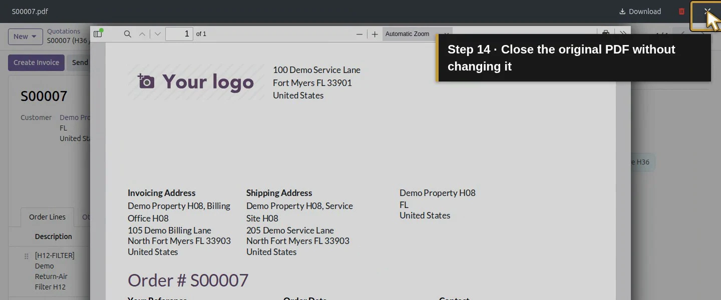 Action 14: Close the original PDF without changing it. The actual target is highlighted in gold.