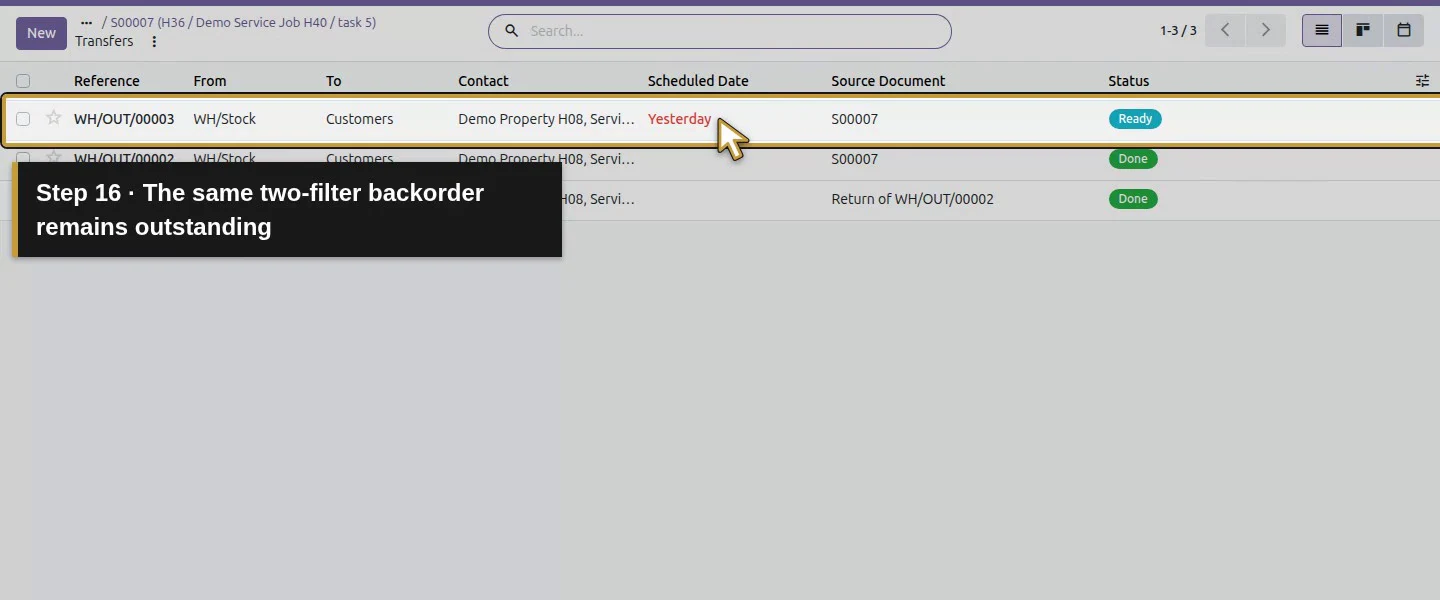 Action 16: The same two-filter backorder remains outstanding. The actual target is highlighted in gold.