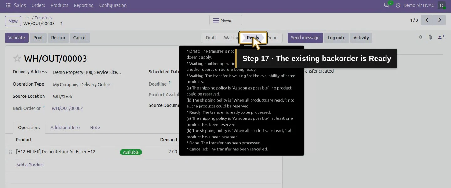 Action 17: The existing backorder is Ready. The actual target is highlighted in gold.