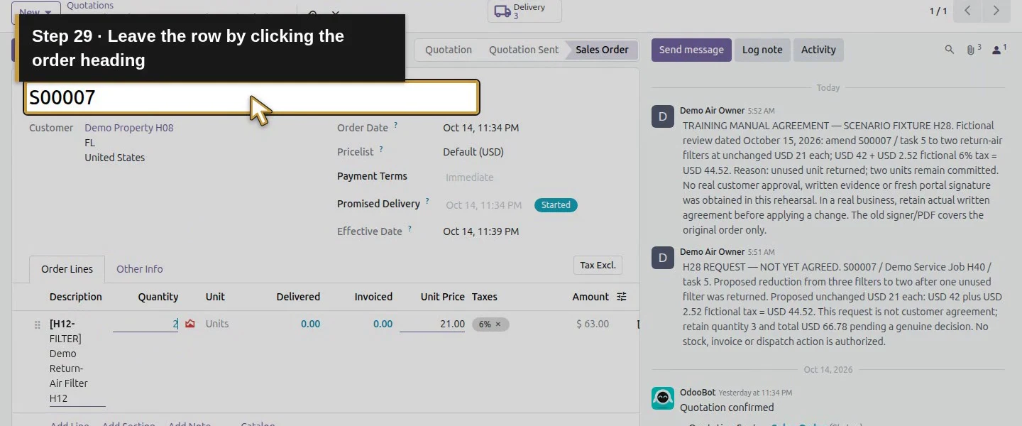Action 29: Leave the row by clicking the order heading. The actual target is highlighted in gold.