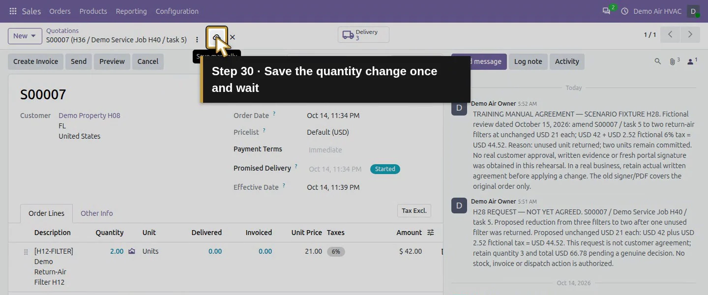 Action 30: Save the quantity change once and wait. The actual target is highlighted in gold.