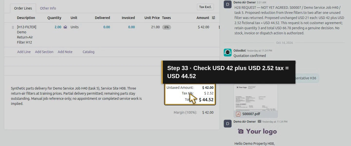 Action 33: Check USD 42 plus USD 2.52 tax = USD 44.52. The actual target is highlighted in gold.