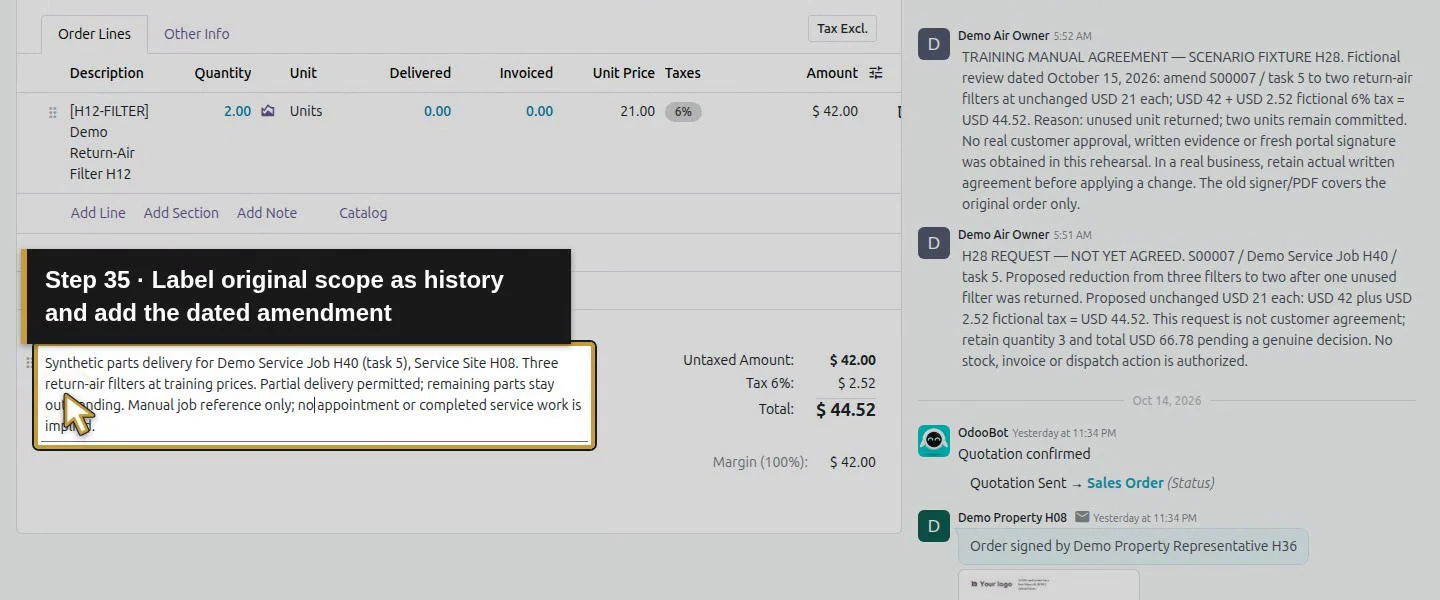 Action 35: Label original scope as history and add the dated amendment. The actual target is highlighted in gold.