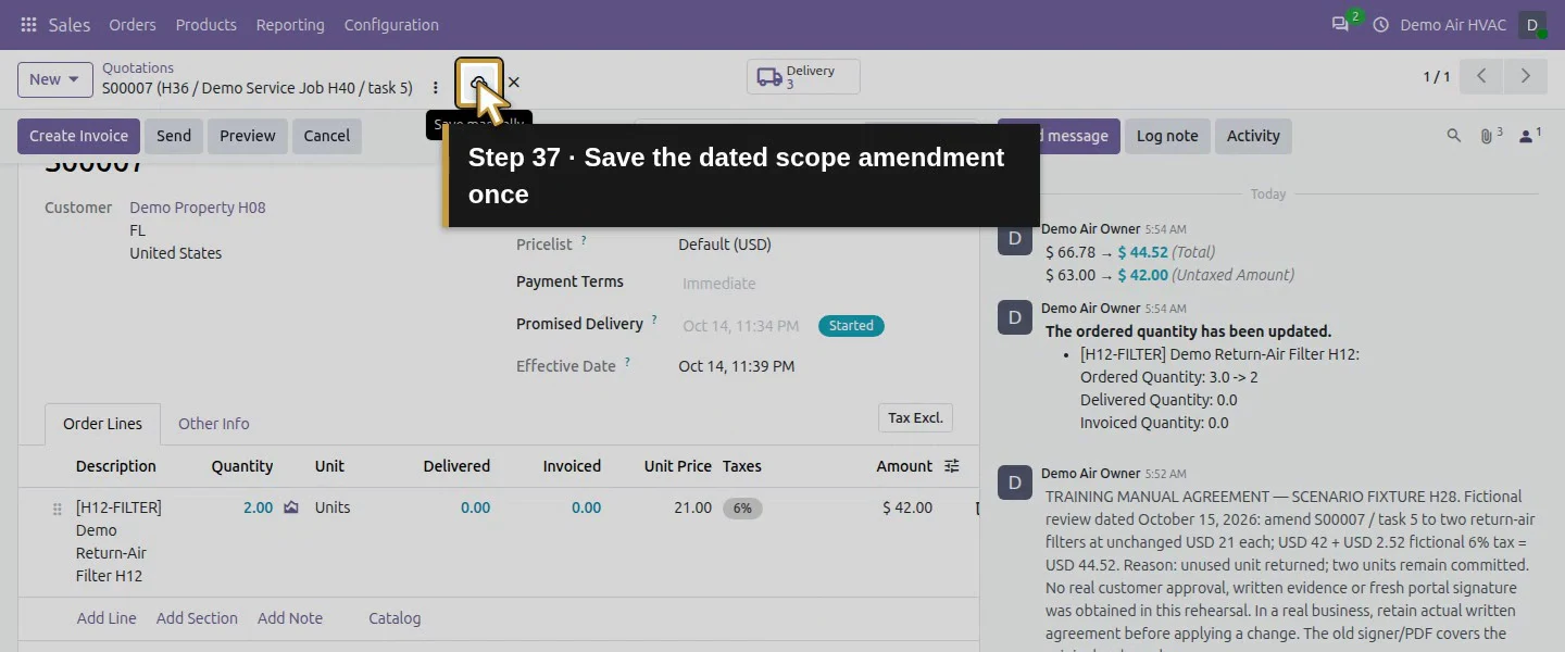 Action 37: Save the dated scope amendment once. The actual target is highlighted in gold.