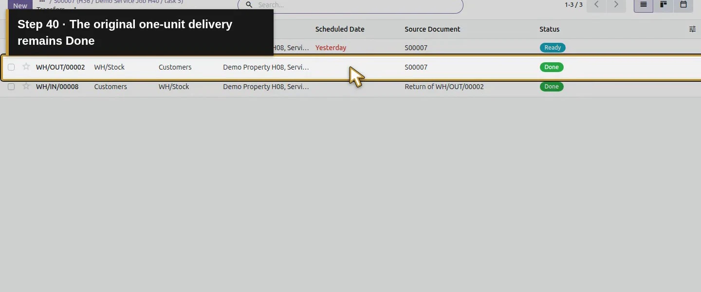 Action 40: The original one-unit delivery remains Done. The actual target is highlighted in gold.