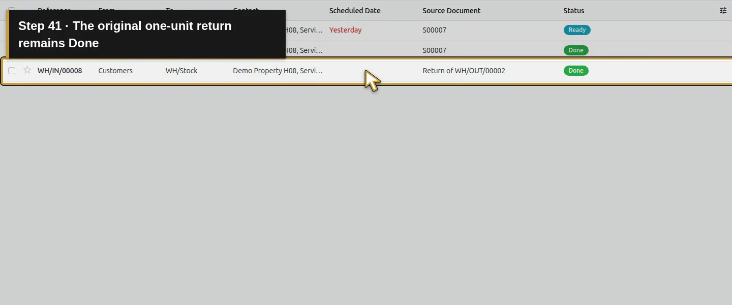 Action 41: The original one-unit return remains Done. The actual target is highlighted in gold.