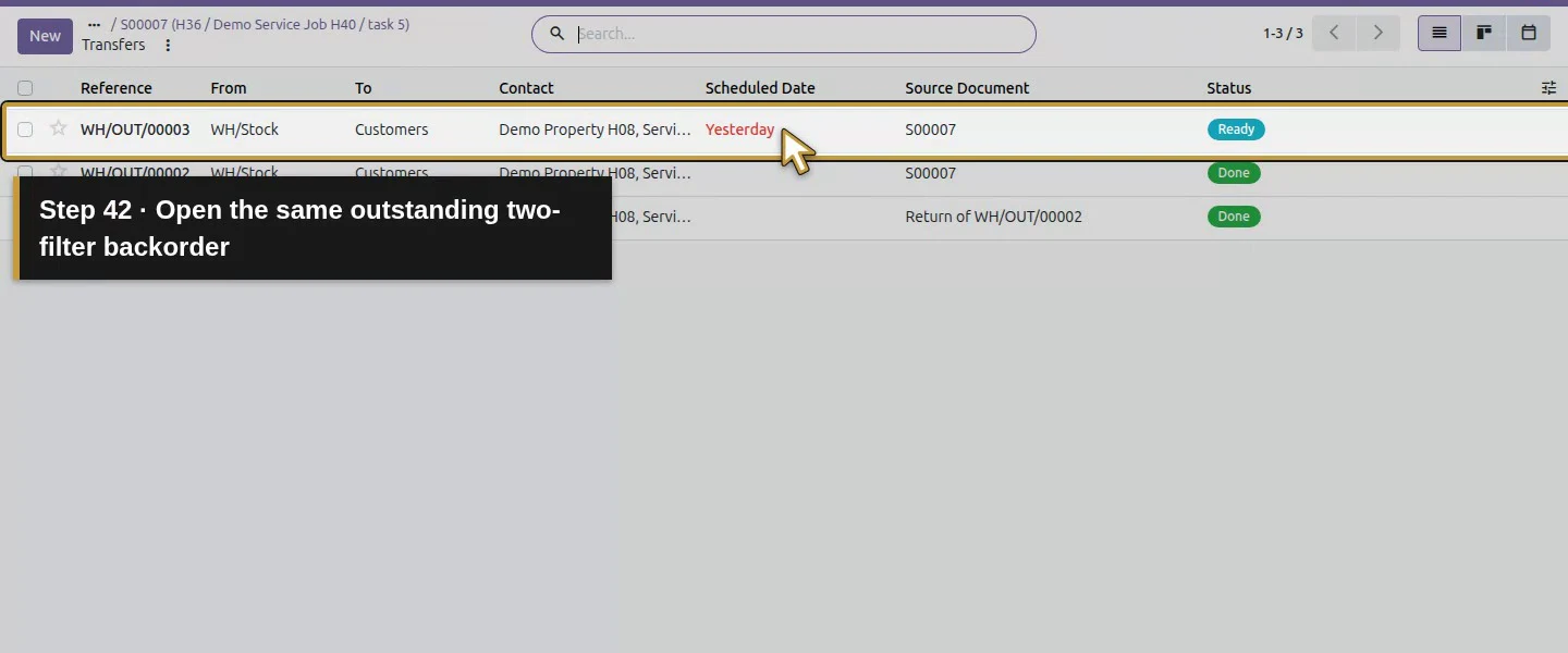 Action 42: Open the same outstanding two-filter backorder. The actual target is highlighted in gold.