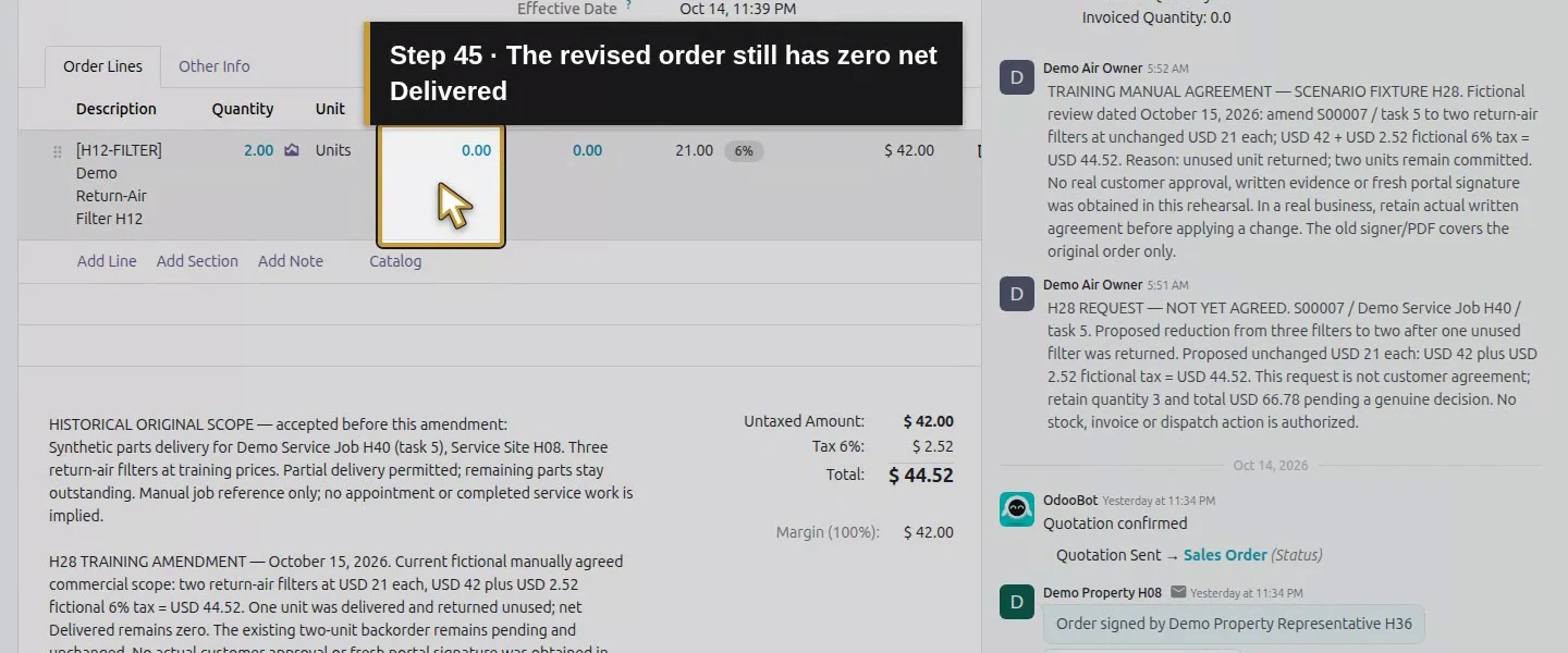 Action 45: The revised order still has zero net Delivered. The actual target is highlighted in gold.