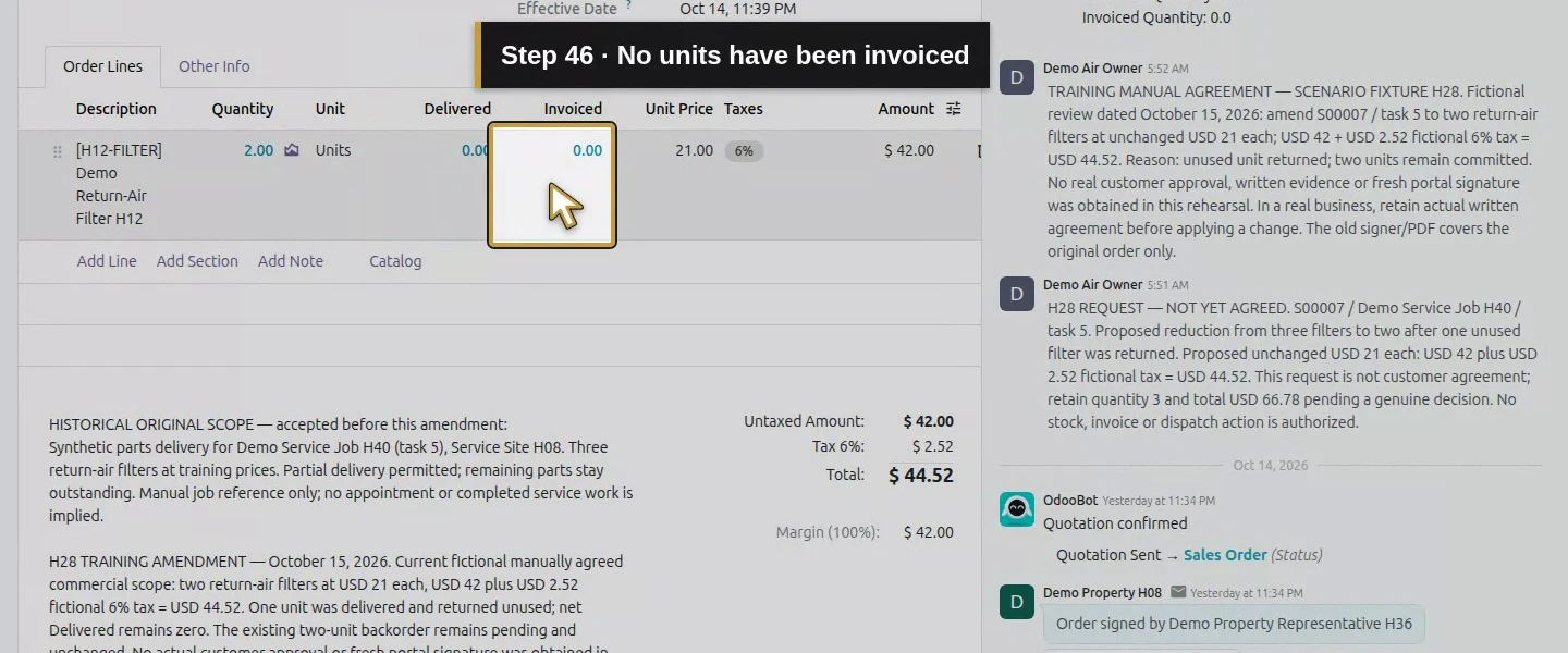 Action 46: No units have been invoiced. The actual target is highlighted in gold.
