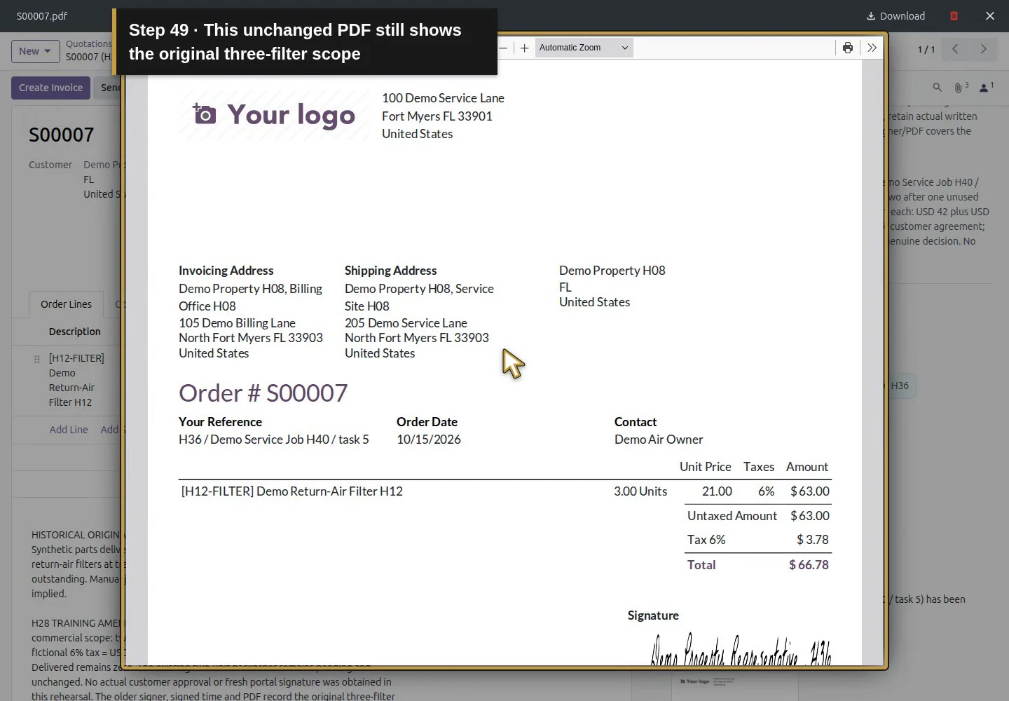 Action 49: This unchanged PDF still shows the original three-filter scope. The actual target is highlighted in gold.