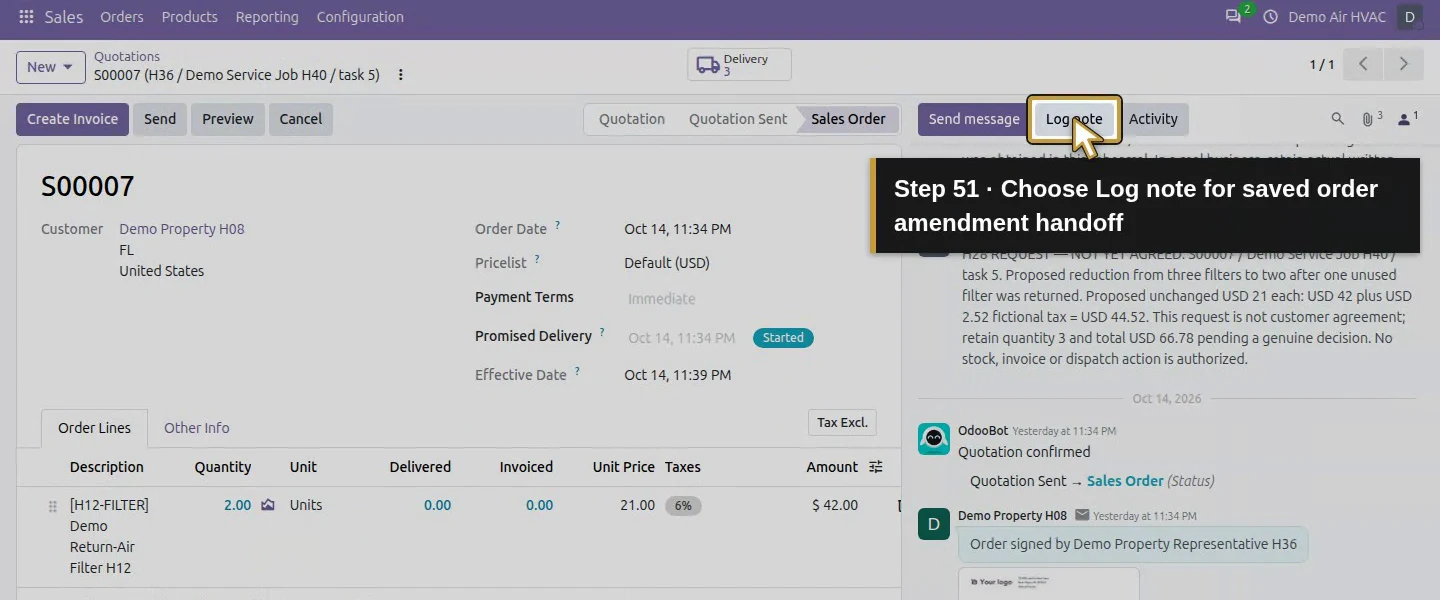 Action 51: Choose Log note for saved order amendment handoff. The actual target is highlighted in gold.
