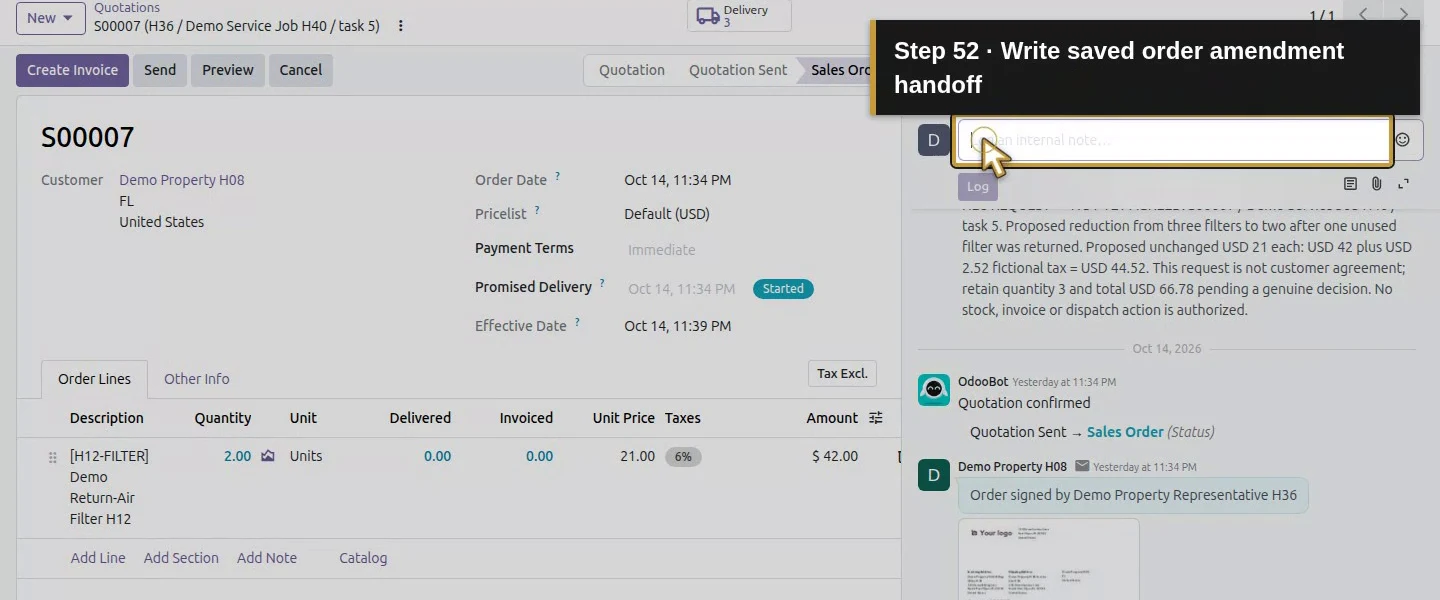 Action 52: Write saved order amendment handoff. The actual target is highlighted in gold.