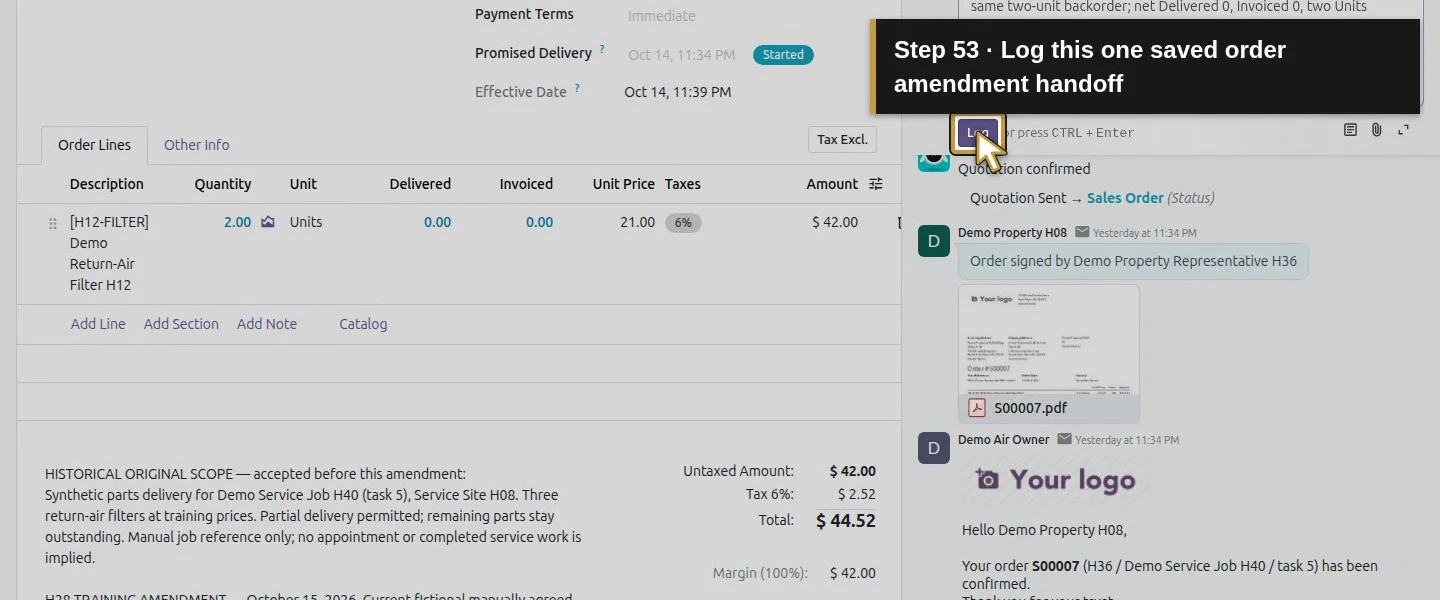Action 53: Log this one saved order amendment handoff. The actual target is highlighted in gold.