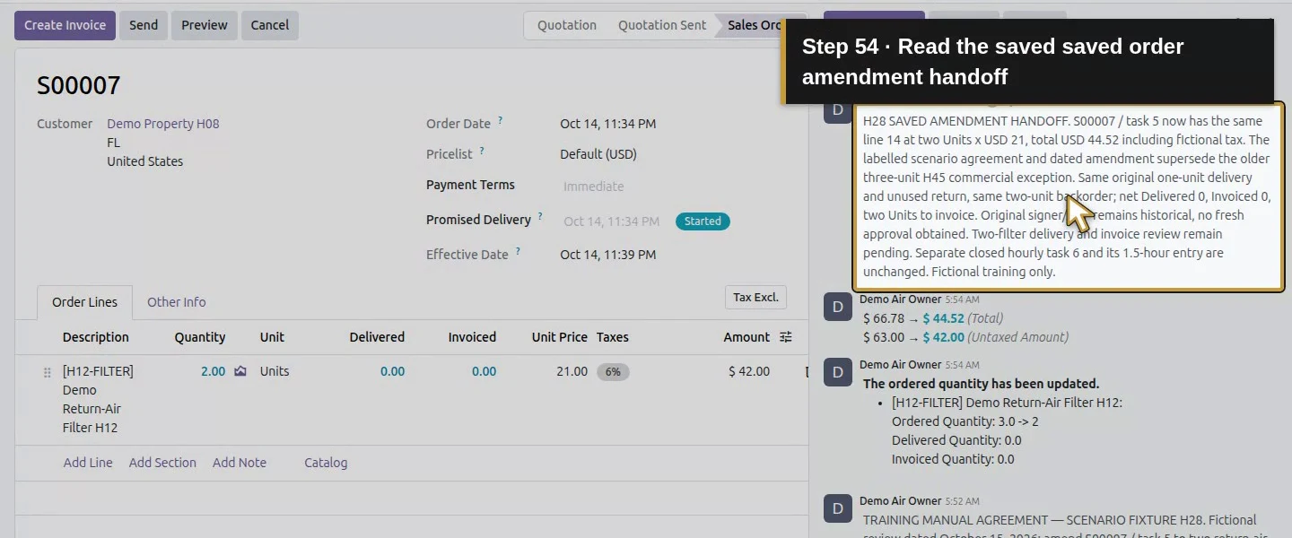 Action 54: Read the saved saved order amendment handoff. The actual target is highlighted in gold.