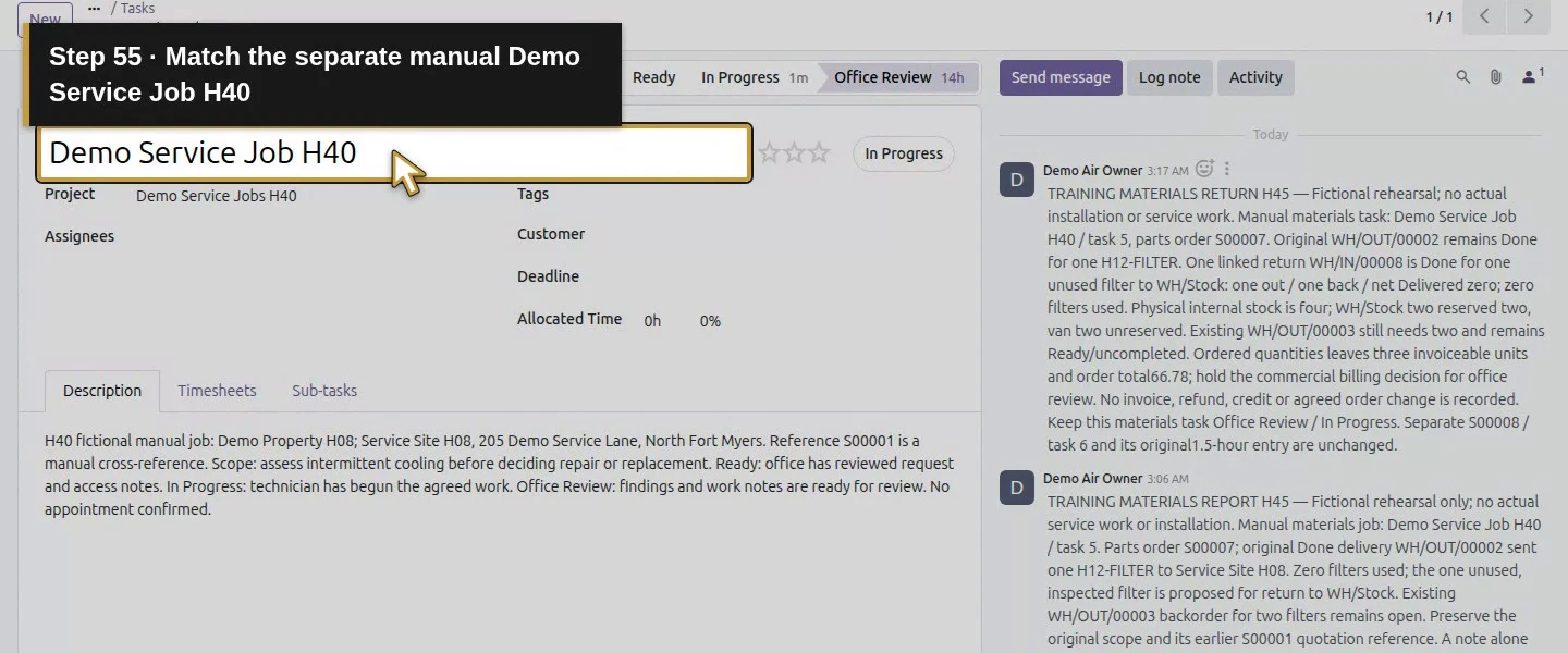 Action 55: Match the separate manual Demo Service Job H40. The actual target is highlighted in gold.