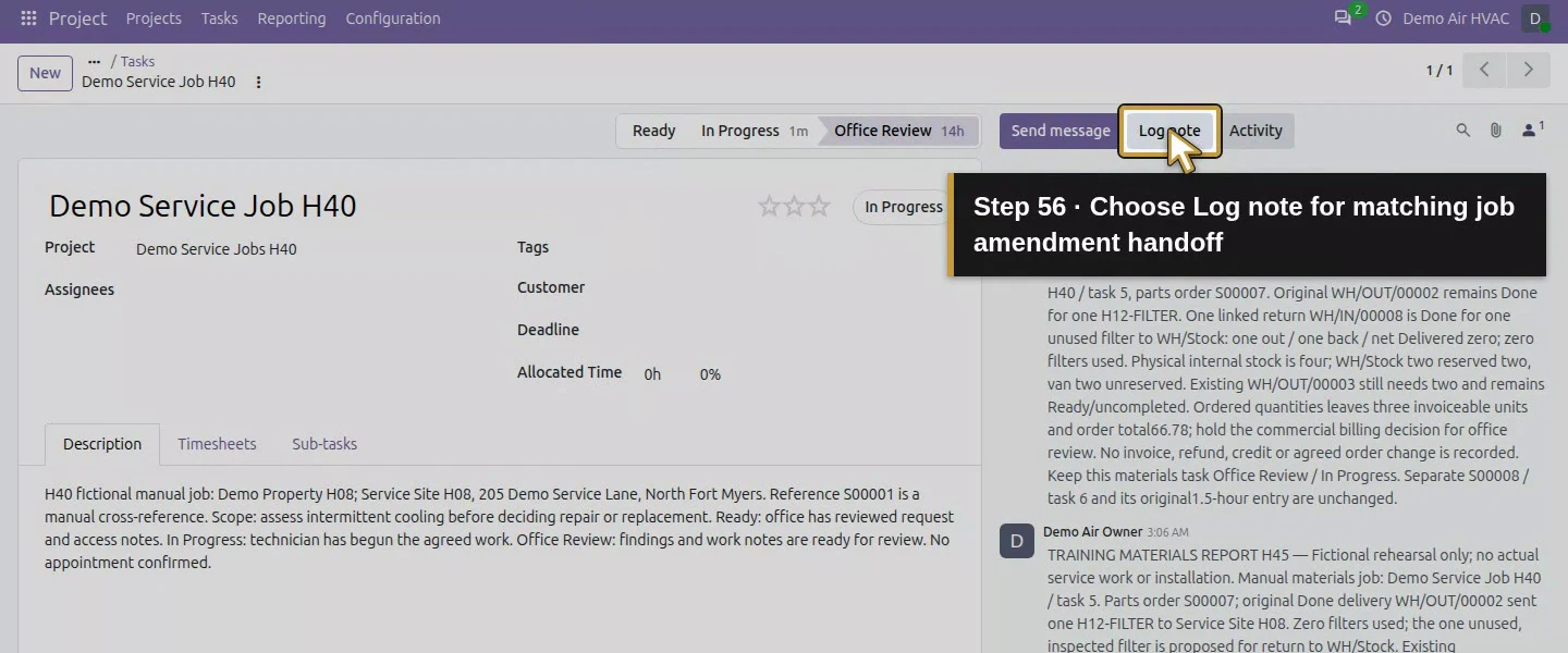 Action 56: Choose Log note for matching job amendment handoff. The actual target is highlighted in gold.