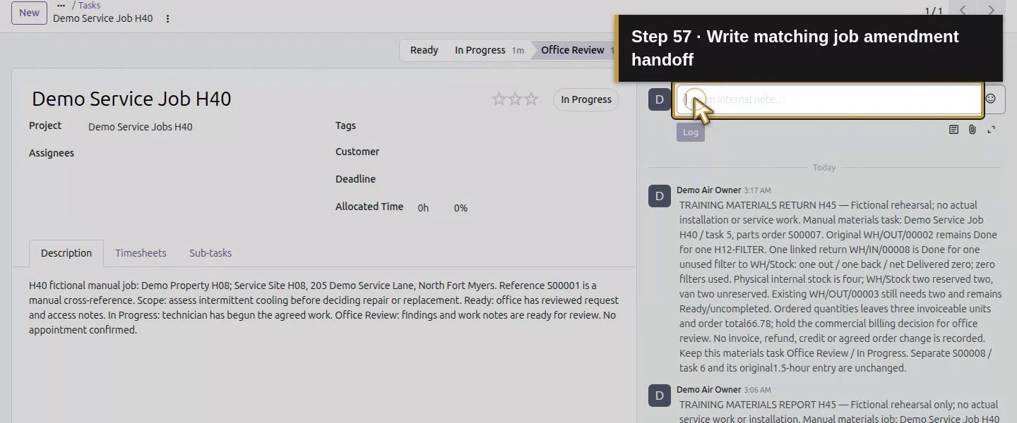 Action 57: Write matching job amendment handoff. The actual target is highlighted in gold.