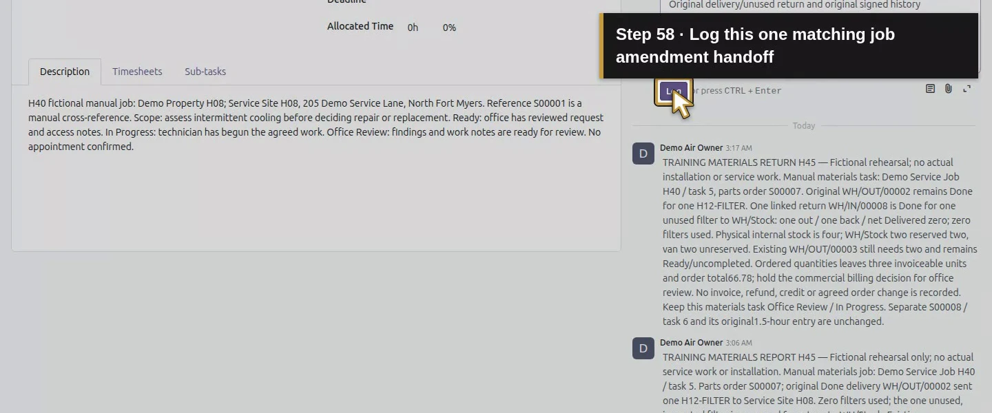 Action 58: Log this one matching job amendment handoff. The actual target is highlighted in gold.