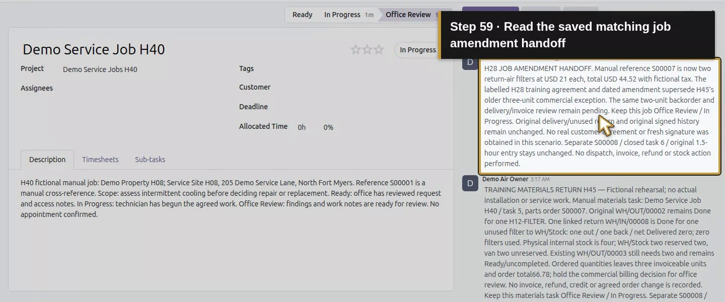 Action 59: Read the saved matching job amendment handoff. The actual target is highlighted in gold.