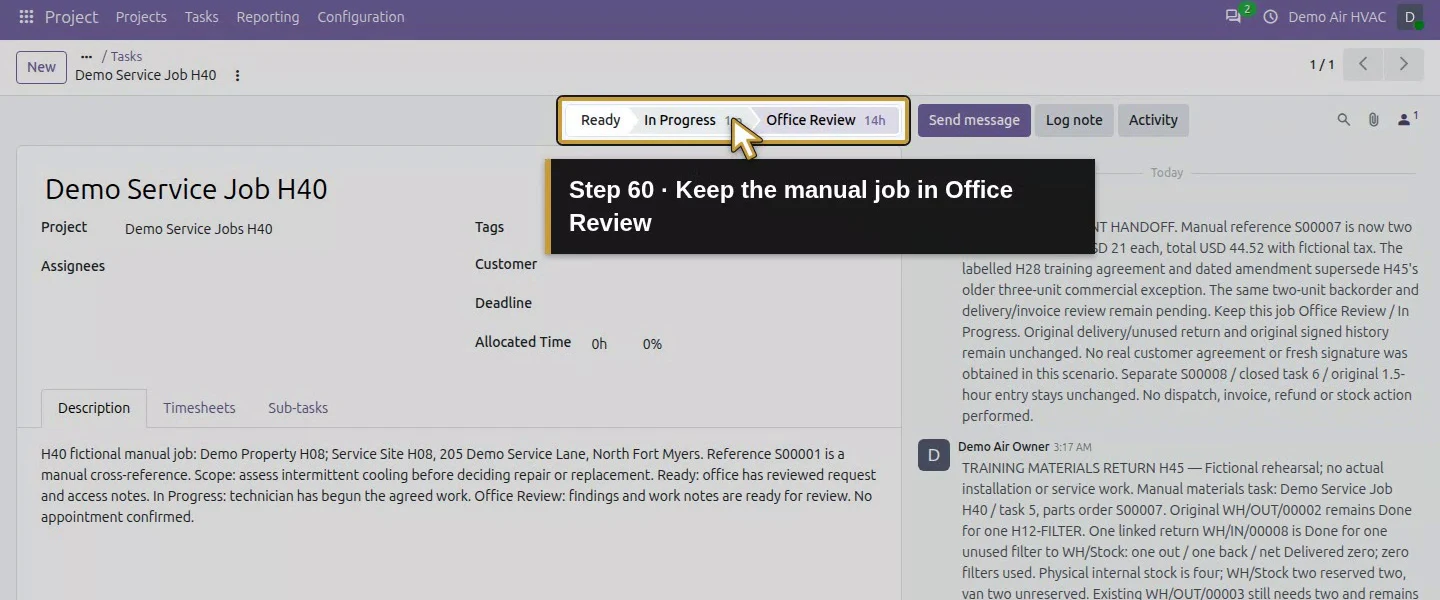 Action 60: Keep the manual job in Office Review. The actual target is highlighted in gold.