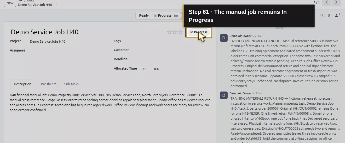 Action 61: The manual job remains In Progress. The actual target is highlighted in gold.