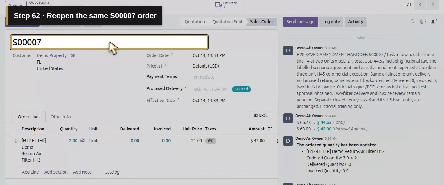 Action 62: Reopen the same S00007 order. The actual target is highlighted in gold.
