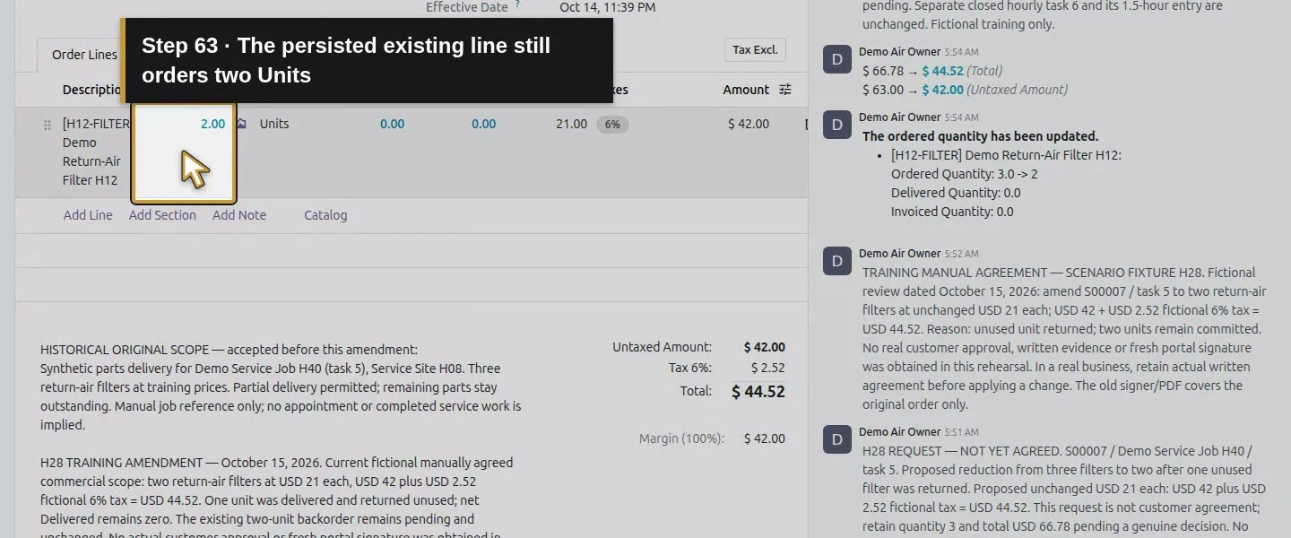 Action 63: The persisted existing line still orders two Units. The actual target is highlighted in gold.
