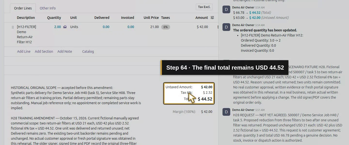 Action 64: The final total remains USD 44.52. The actual target is highlighted in gold.