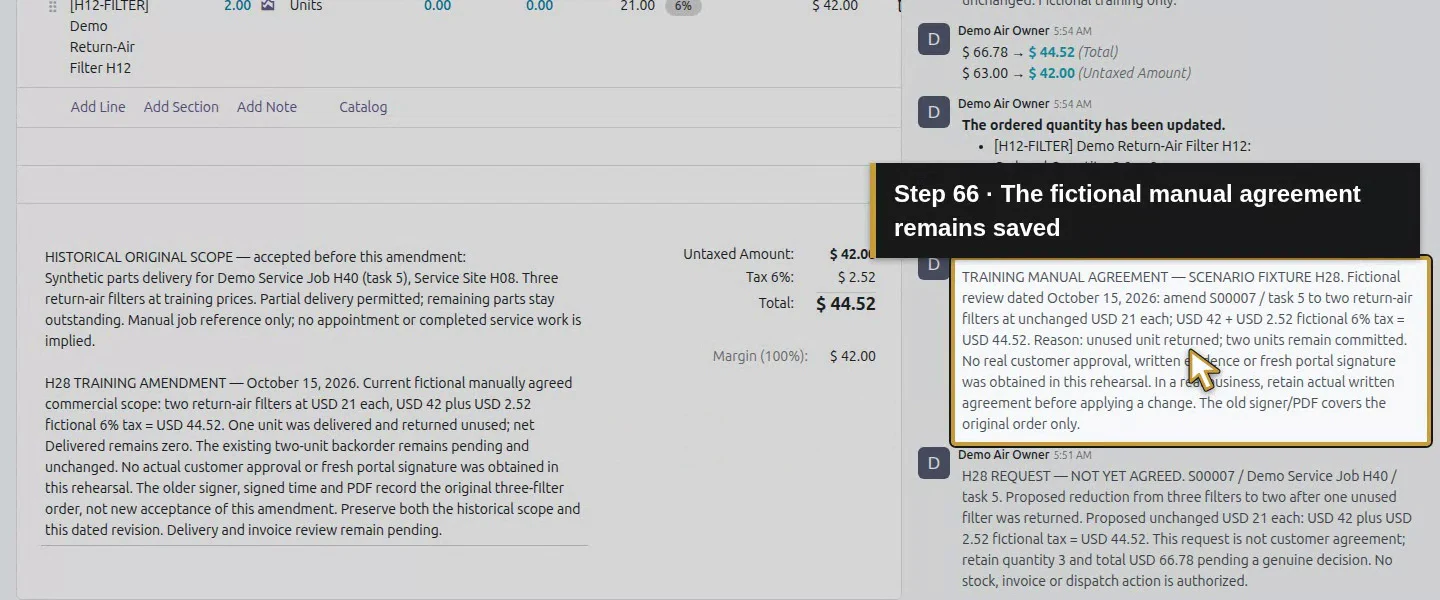 Action 66: The fictional manual agreement remains saved. The actual target is highlighted in gold.
