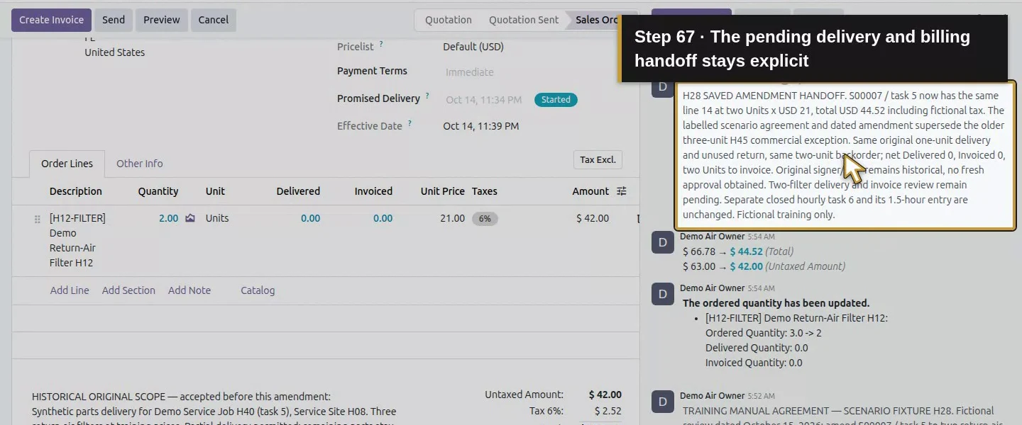 Action 67: The pending delivery and billing handoff stays explicit. The actual target is highlighted in gold.