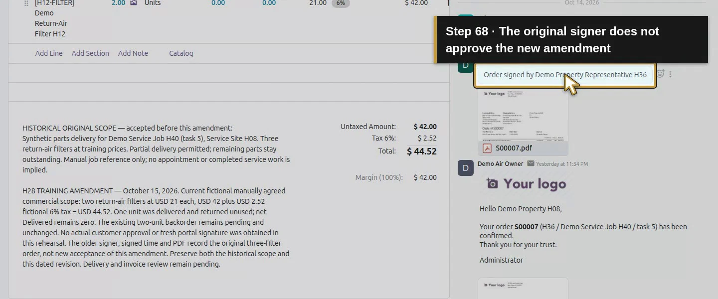 Action 68: The original signer does not approve the new amendment. The actual target is highlighted in gold.