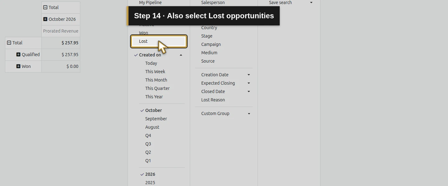 Action 14: Also select Lost opportunities. The actual target is highlighted in gold.