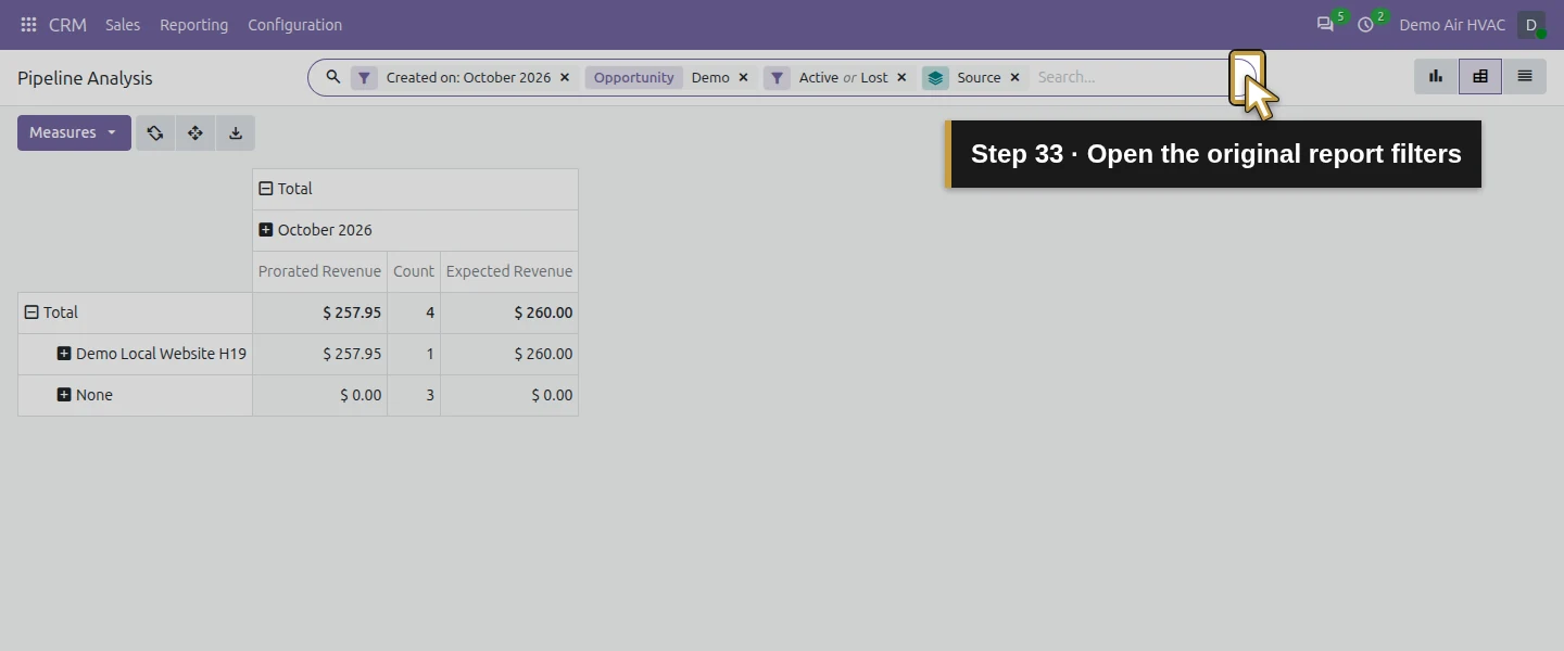 Action 33: Open the original report filters. The actual target is highlighted in gold.