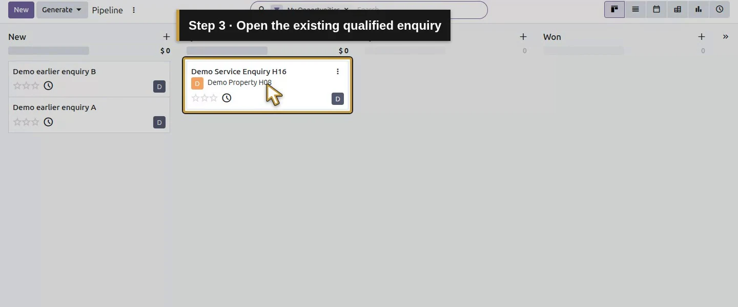 Video action 3: Open the existing qualified enquiry. The actual target is highlighted in gold.