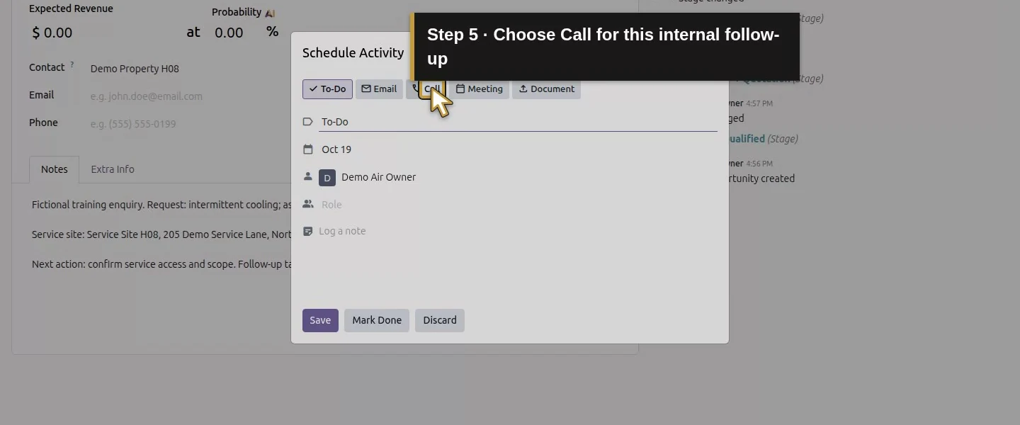 Video action 5: Choose Call for this internal follow-up. The actual target is highlighted in gold.