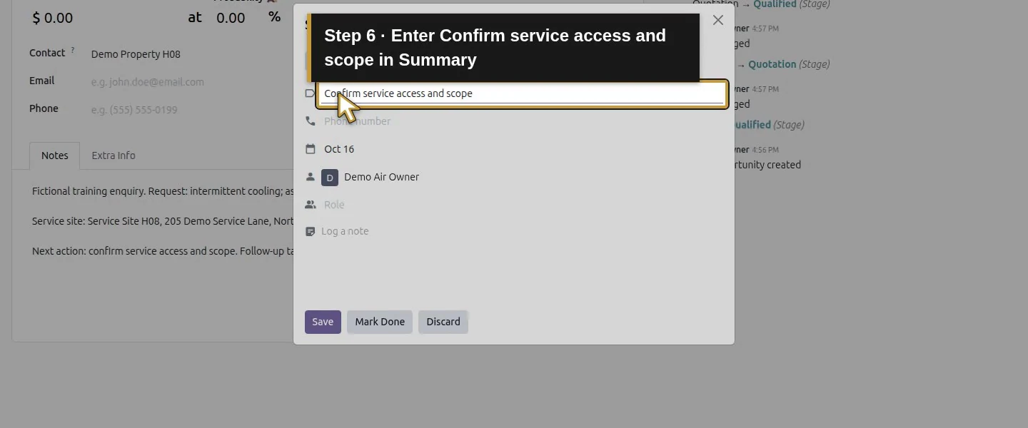 Video action 6: Enter Confirm service access and scope in Summary. The actual target is highlighted in gold.