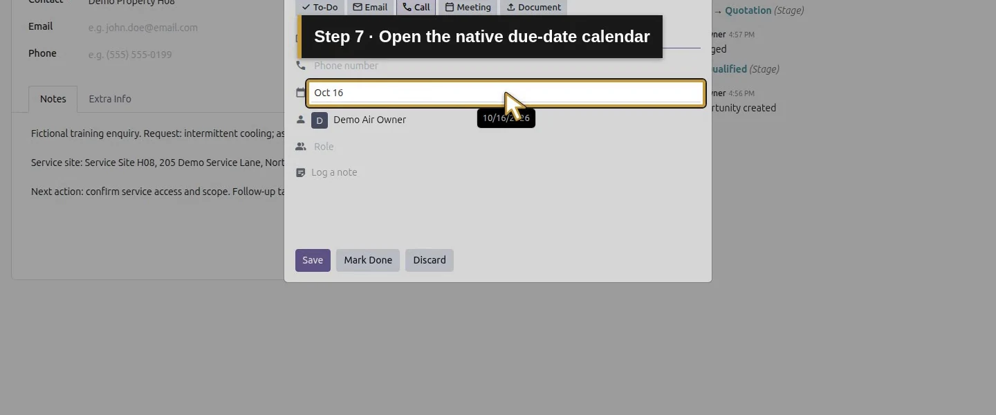 Video action 7: Open the native due-date calendar. The actual target is highlighted in gold.