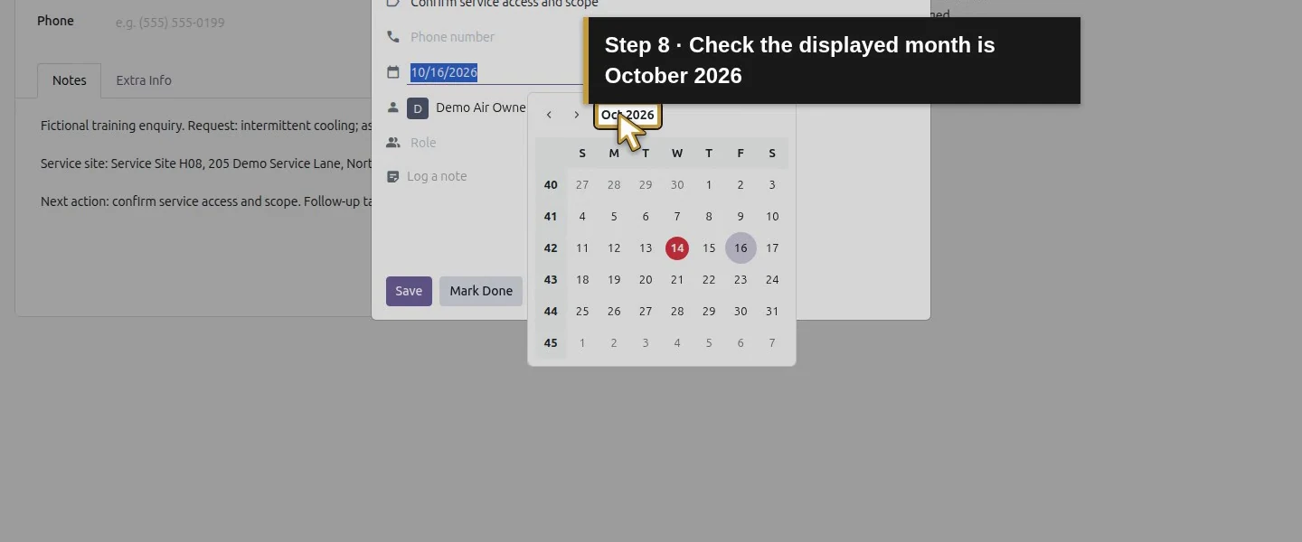 Video action 8: Check the displayed month is October 2026. The actual target is highlighted in gold.