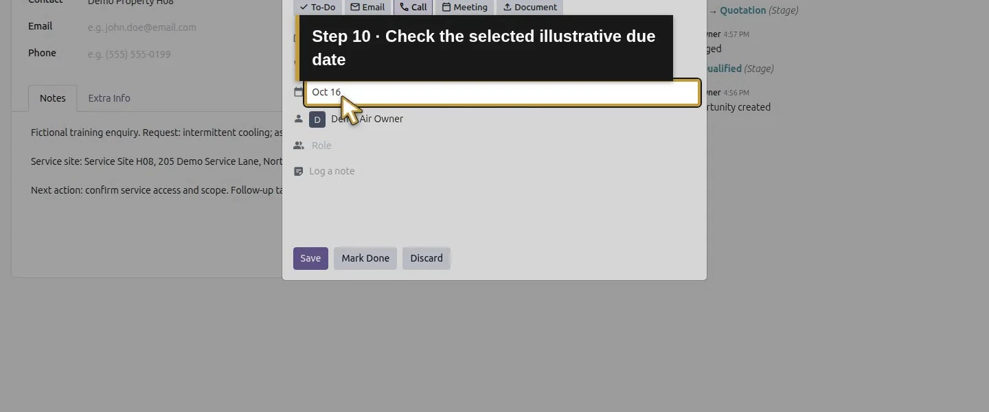 Video action 10: Check the selected illustrative due date. The actual target is highlighted in gold.