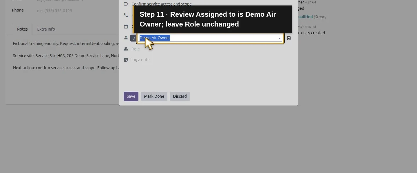 Video action 11: Review Assigned to is Demo Air Owner; leave Role unchanged. The actual target is highlighted in gold.